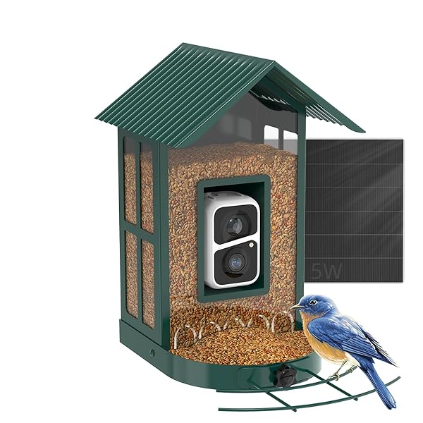 Soliom- Bird Feeder with Camera, 5W Solar Powered, AI Identify Species, Smart Wild Bird Watching, 2K Live View, Instant Arrival Alerts,Large 2.7L Seed Capacity, Metal Squirrel Chew-Proof - BF08 Green