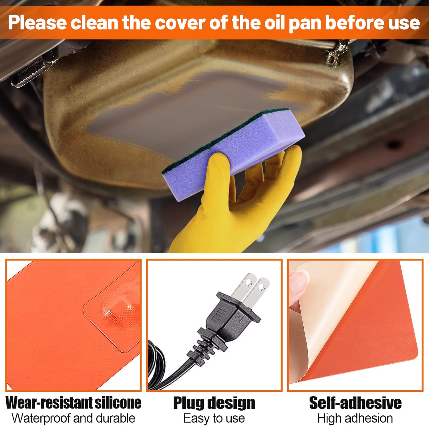 2 Pcs Silicone Car Engine Heater Pad - 4 x 5in Self-Adhesive Oil Pan Heater Pad with 194°F Thermal Protector, Battery Heater Pad Engine Block Heater Pad with 68" Long Power Cord 150W 120V