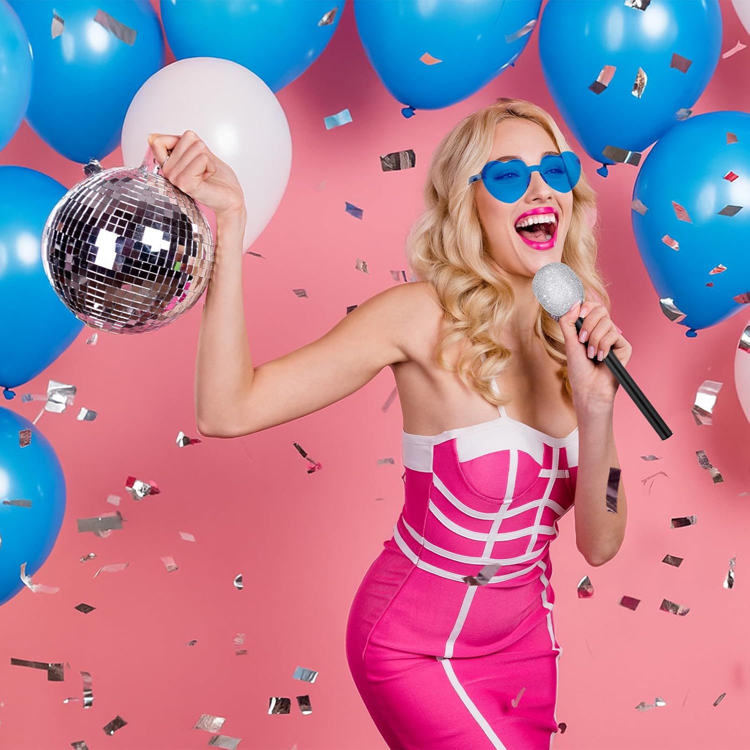 Halloscume 12 Pcs Fake Microphones & Blue Heart Shaped Sunglasses, Mama Mia Party Favors Dancing Queen Party Gifts, 70s Disco Style Glitter Mic & Rimless Heart Glasses for Costume