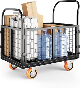 GarveeTech Platform Truck Cart with Cage, 6-in-1 Multi-Purpose Flatbed Cart, Foldable Hand Truck Load 1800LBS with 4 Wheels Push Dolly for Grocery, Laundry, Garage, Warehouse (Black)
