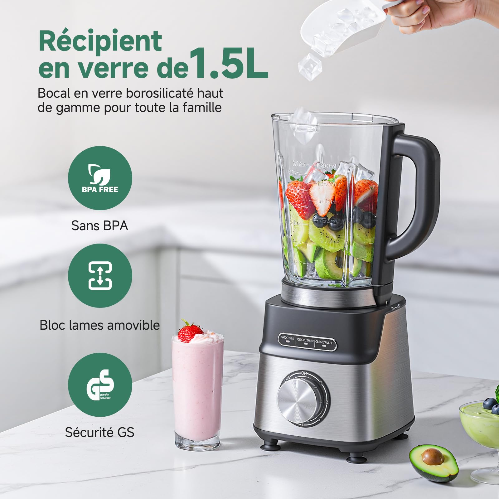 AMZCHEF Blender 1200W, Mixeur avec Bol en Verre 1,5L Résistant à la Chaleur, 5 Vitesses + Programmes Smoothie/Glace Pilée/Auto-Nettoyage, 6 Lames Inox, Pièces Lavables Lave-Vaisselle, Sécurité