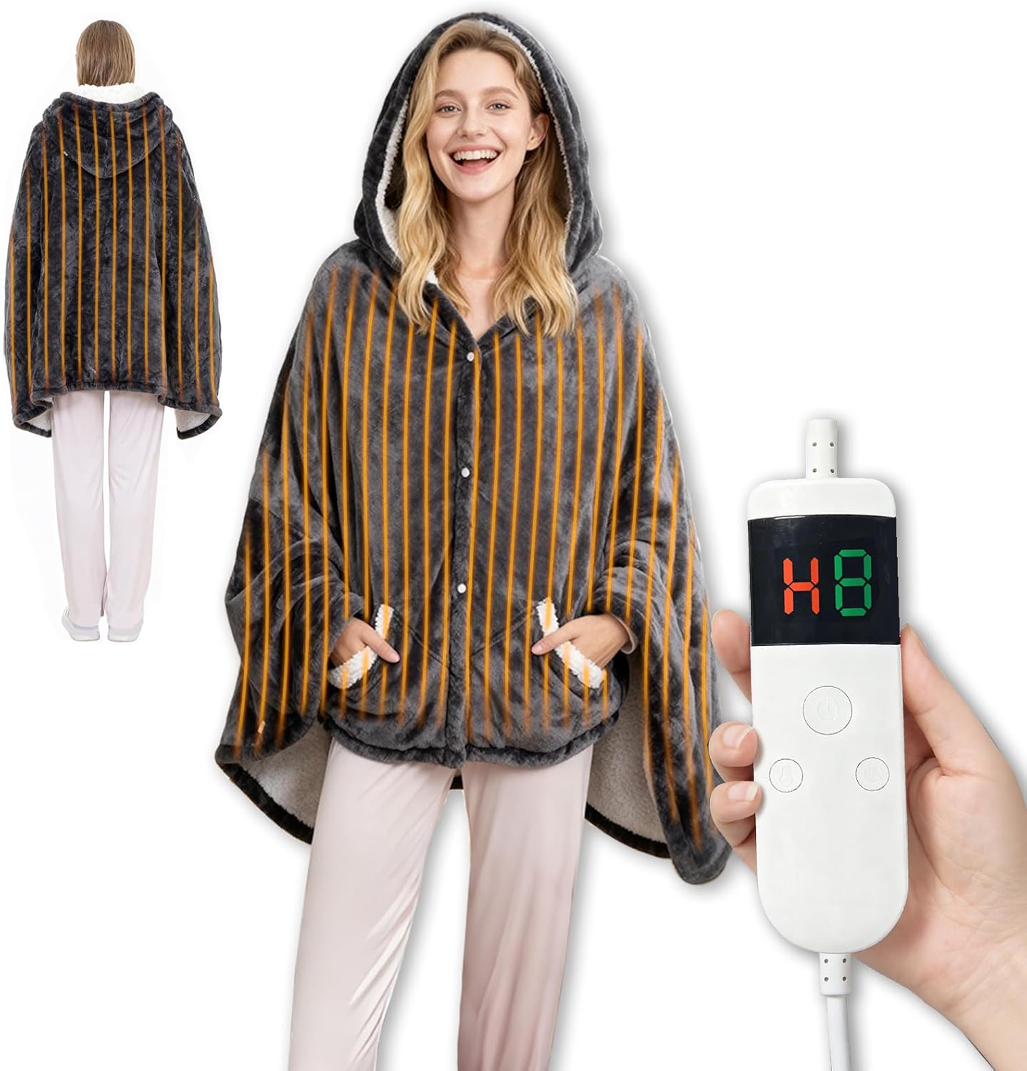 Heated Blanket Wearable Electric Throw, Heated Robe Poncho Blanket Hoodie for Adult, Electric Heated Wrap Poncho Shawl with Pockets, 10 Heating Levels & 8 Hours Time Settings, 40'' X 70''