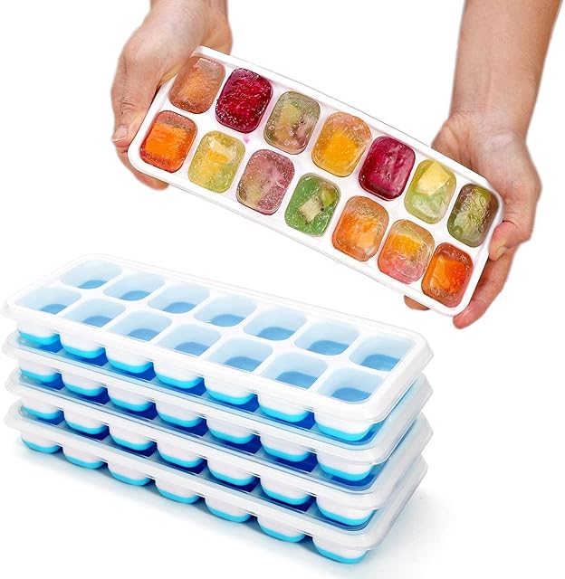 Vinsani 4 Pack Ice Cube Trays with Clear Removable Lid Easy-Release Silicone Flexible Ice Cube Moulds LFGB Certified and BPA Free Stackable Durable - Blue