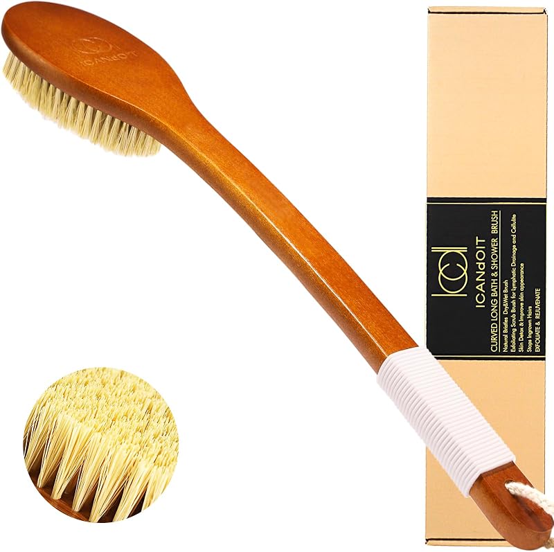 Escova para banho ICANdOIT com cerdas naturais de sisal, cabo curvo de bambu e empunhadura de silicone, 45 cm