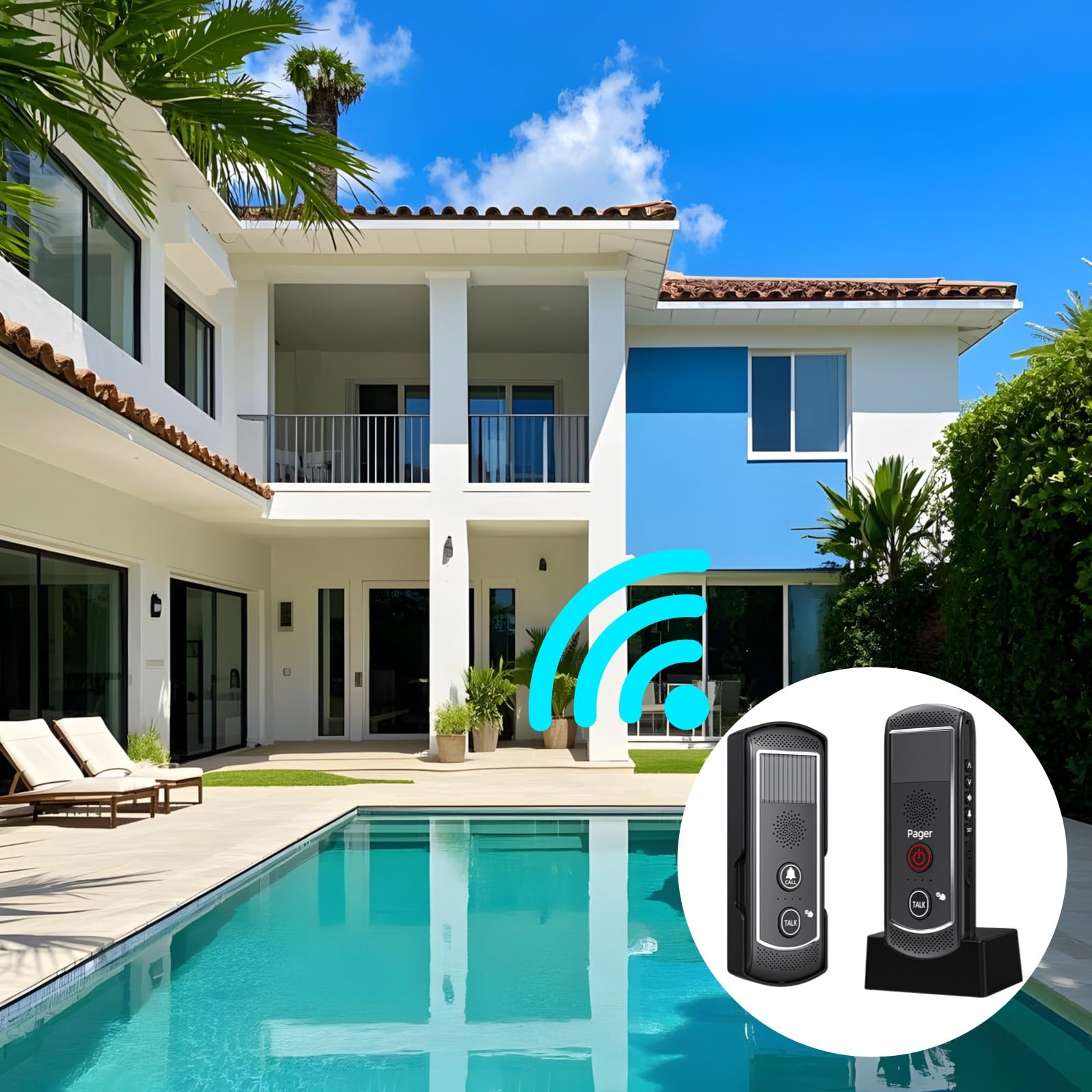 Timbre inalámbrico de largo alcance, sistema de intercomunicación no visual, transmisión de 1 a 2 km, funciona con energía solar, batería de litio recargable, impermeable IP44, 3 niveles de volumen