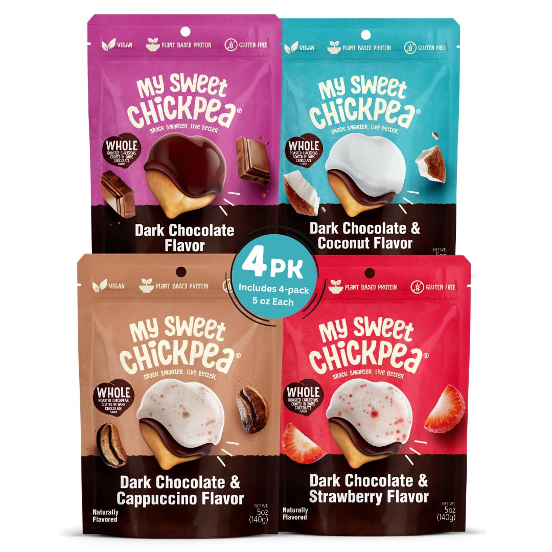 My Sweet Chickpea Chocolate Flavor Covered Chickpeas – Crunchy & Light Sweet Snack, Plant-Based Protein & Fiber, Vegan, Gluten Free, Resealable Bags, Wholesome Chocolate Chickpea Snacks - VARIETY PACK (4x5oz).