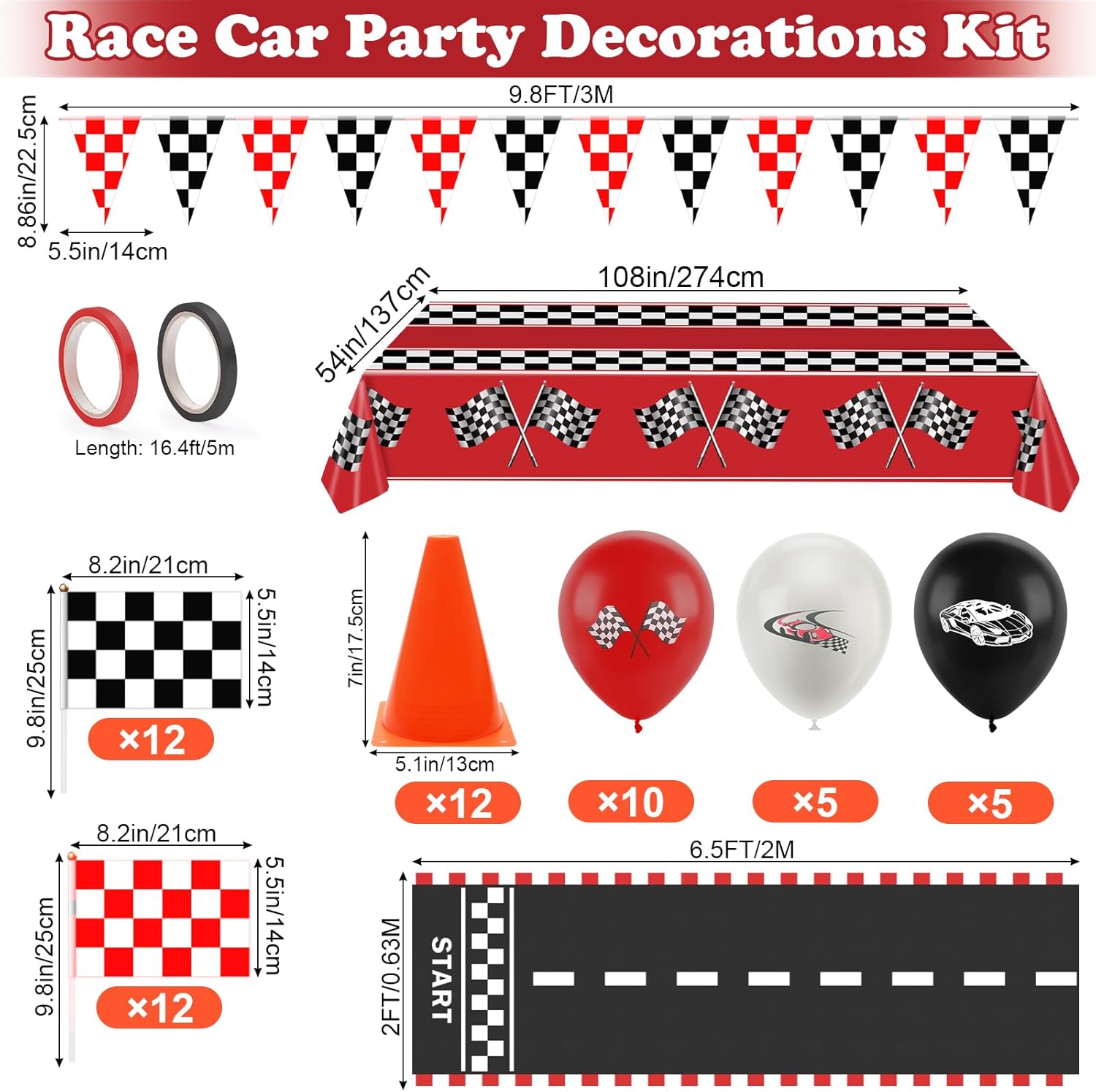 Race Car Party Decorations, Checkered Flag Party Supplies-12 Traffic Cones and 24 Racing Checkered Flags, 6.5Ft Racetrack Floor Runner and 9.8ft Banner, Tablecloth, Balloons and Ribbons