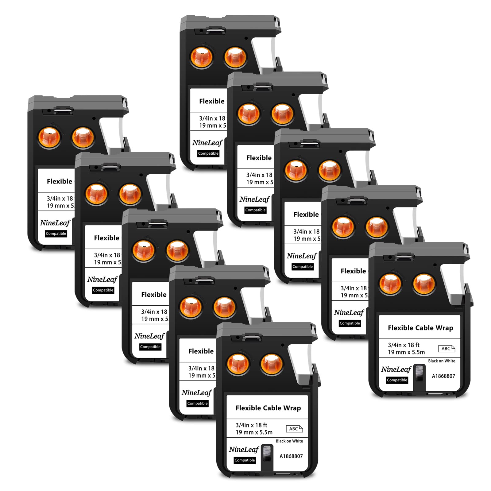 NineLeaf 10 Pack Replacement for Dymo 1868807 A1868807 19mm x 5.5m 0.7'' 3/4 inch Black on White Flexible Cable Wrap Nylon Label Tape for Rhino XTL-300 XTL-500 Label Maker