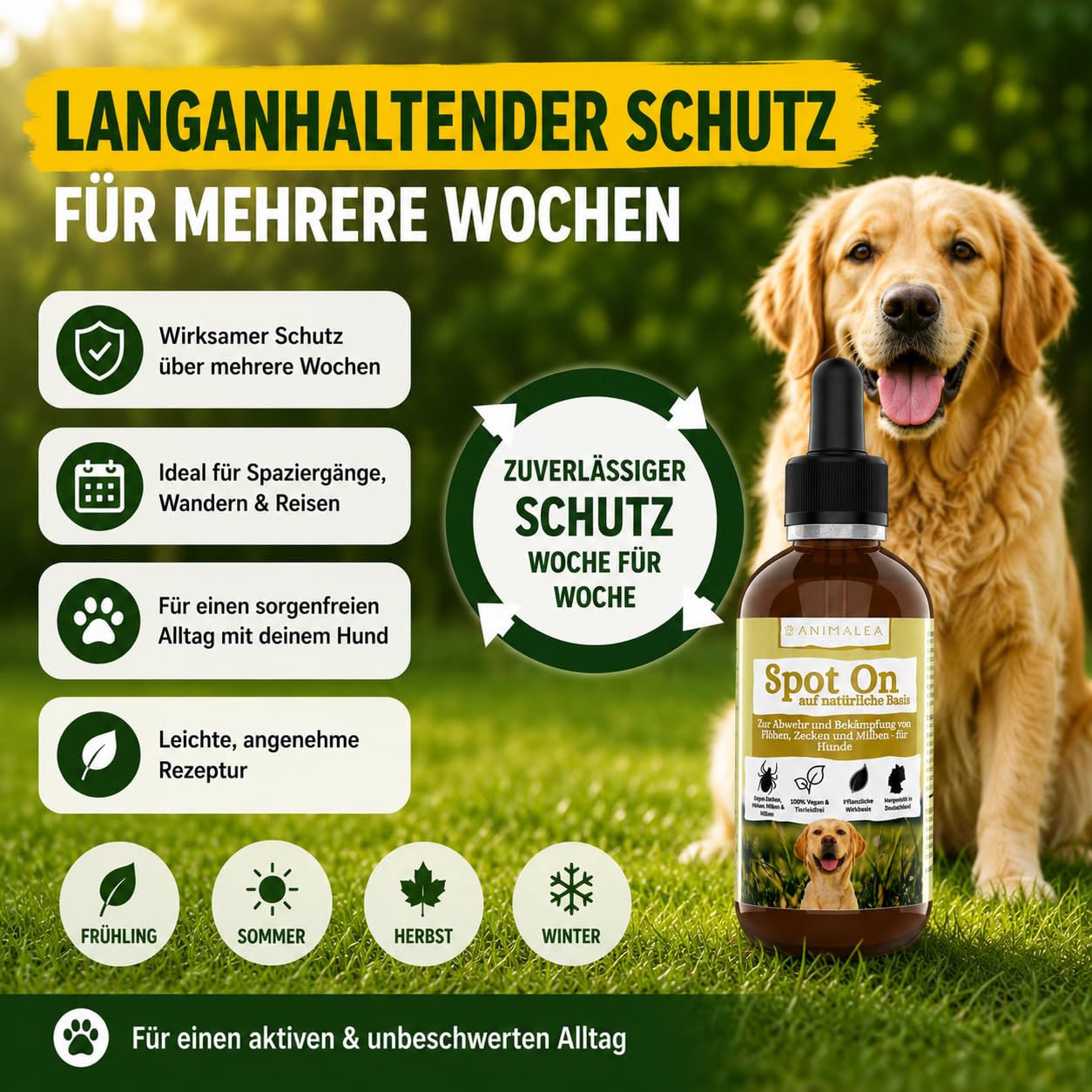 Zeckenschutz für Hunde Spot On - effektiver Schutz gegen Zecken, Flöhe & Mücken für die gesamte Saison - Zeckenmittel für Hunde 50ml - Zeckenabwehr mit Neemöl & ohne Nervengift