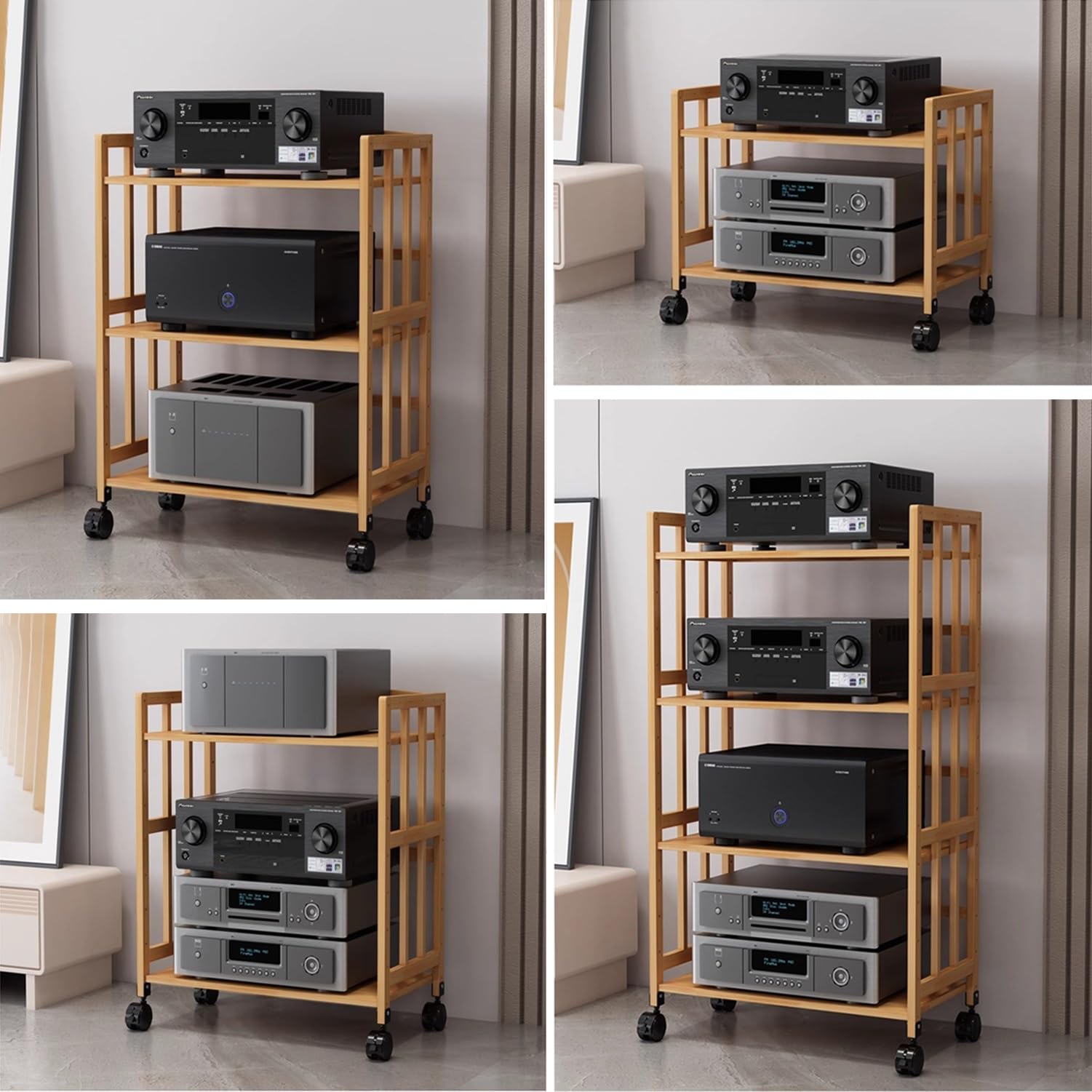 Stojak na sprzęt audio-wideo z 2/3/4/5 poziomami, szafka stereo z kółkami i regulowanymi półkami, bambusowy stojak na sprzęt HiFi do salonów, kin domowych, sypialni (szer., 2 poziomy – dł. 60*sze