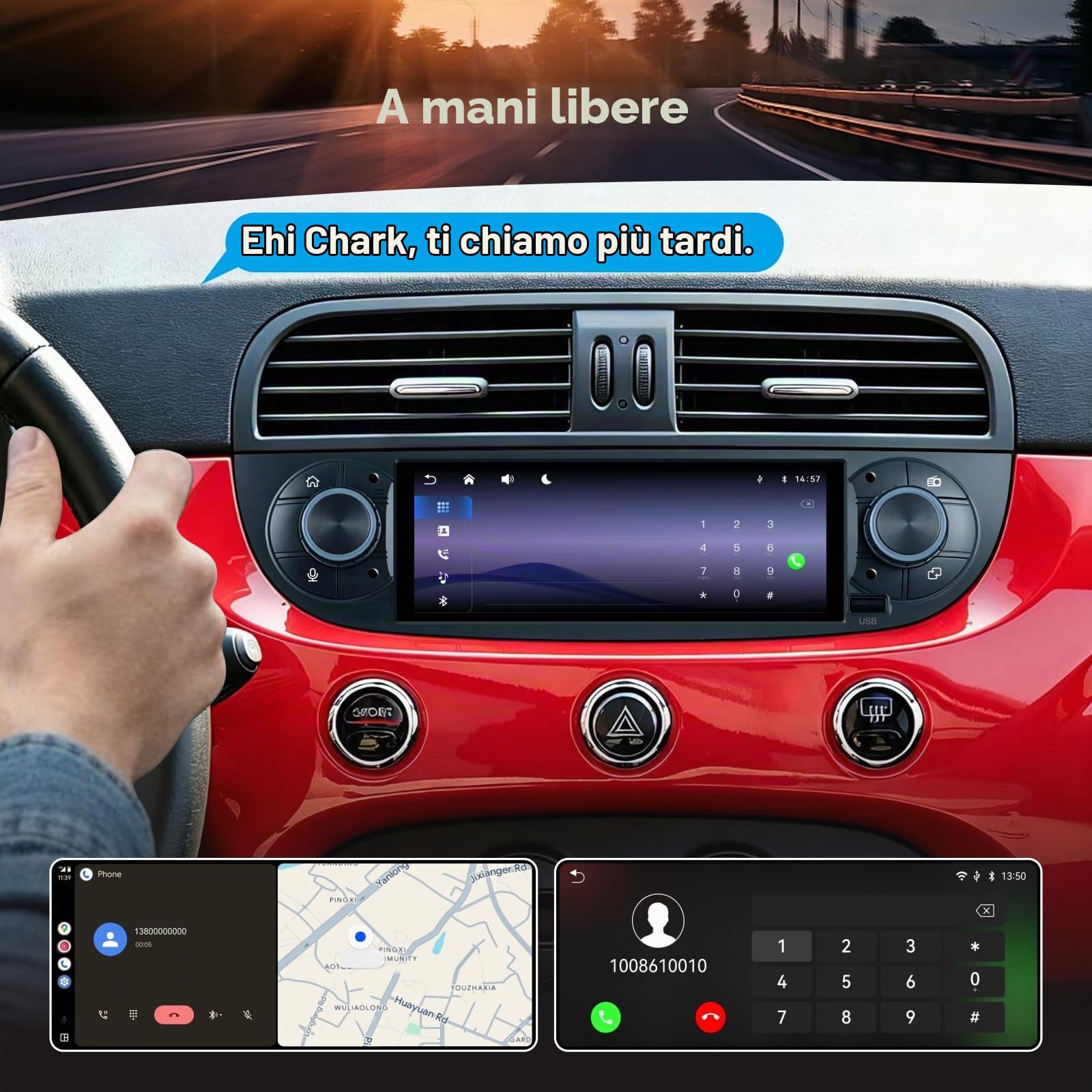 Autoradio Linux per Fiat 500 2007-2015 con CarPlay Wireless e Android Auto, avvio in 2 secondi, comandi fisici tramite manopola, audio di livello OEM, Porta ISO Plug & Play, Nero