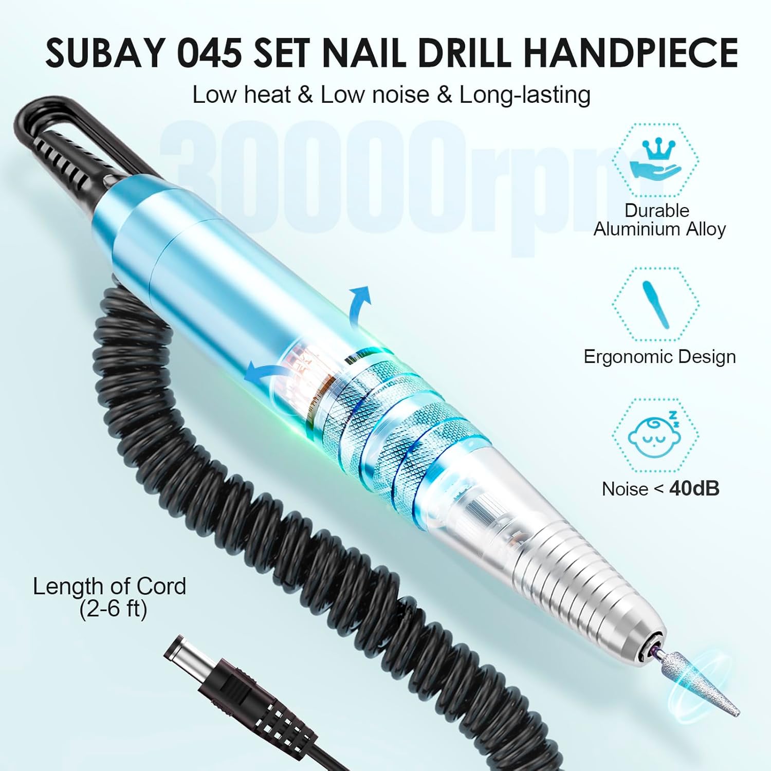 Close-up of the Subay nail drill handpiece, highlighting its durable aluminum alloy construction, ergonomic design, low noise (<40dB), and 30000RPM capability.