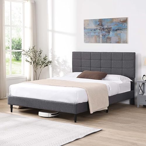 Miniatura 13 de Base de cama de plataforma tamaño King con cabecera tapizada de tela y listones de madera, no necesita somier, fácil montaje para niños, niñas,
