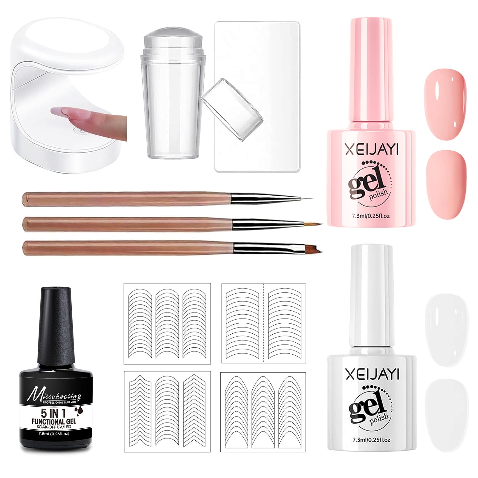 Kit de Manicura Francesa con Esmalte en Gel Rosa y Blanco, Gel 5 en 1 con Herramienta de Consejos para Uñas Francesas - Sello de Uñas, Pegatinas de Uñas, Pincel de Uñas, Mini Luz UV
