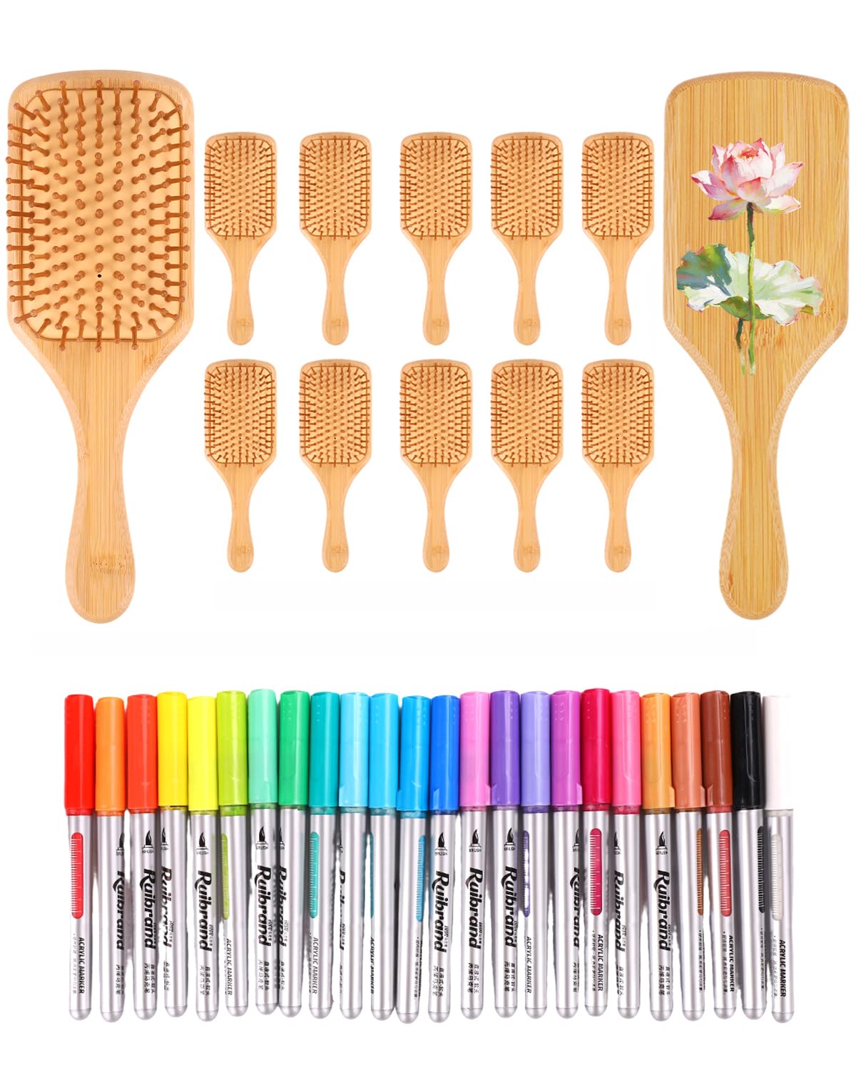 DIY Bamboo Hair Brush Painting Kit – 12 PCS Hairbrush Set with 24 Multicolor Paint Markers for Custom Decor, Scalp Massaging Detangling Hairbrushes, Creative Gift & Craft Activity