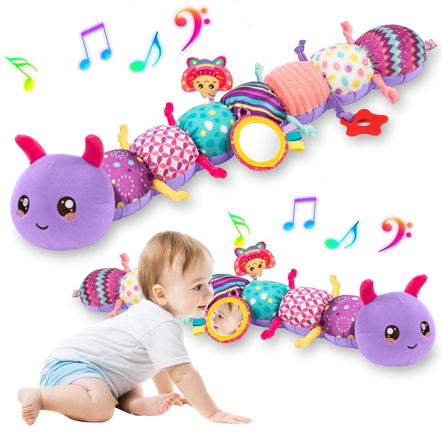 Baby Stuffed Animal Toys for 0-6 6-12 Months, Baby Musical Caterpillar Tummy Time Toys for Babies 3 6 9 12 18 Months, Newborn Infant Sensory Toys Gifts for 1 2 Year Old Boys Girls
