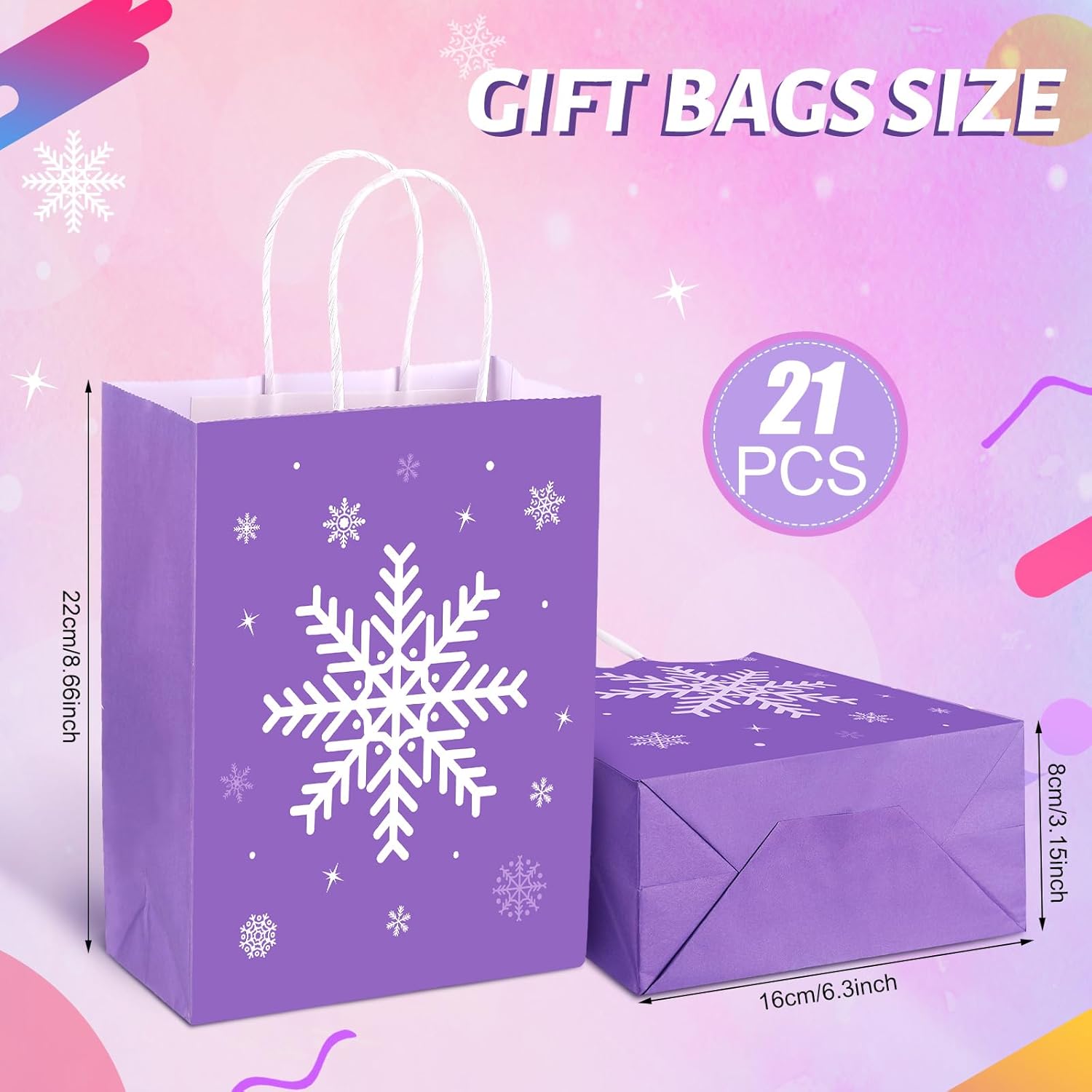 Cindeer 21 Pieces Snowflake Party Favors Bags Kraft Paper Candy Treat Goodie Gift Bags with Handles for Winter Wonderland Snowflake Theme Christmas Holiday Birthday Party Supplies - Image 2