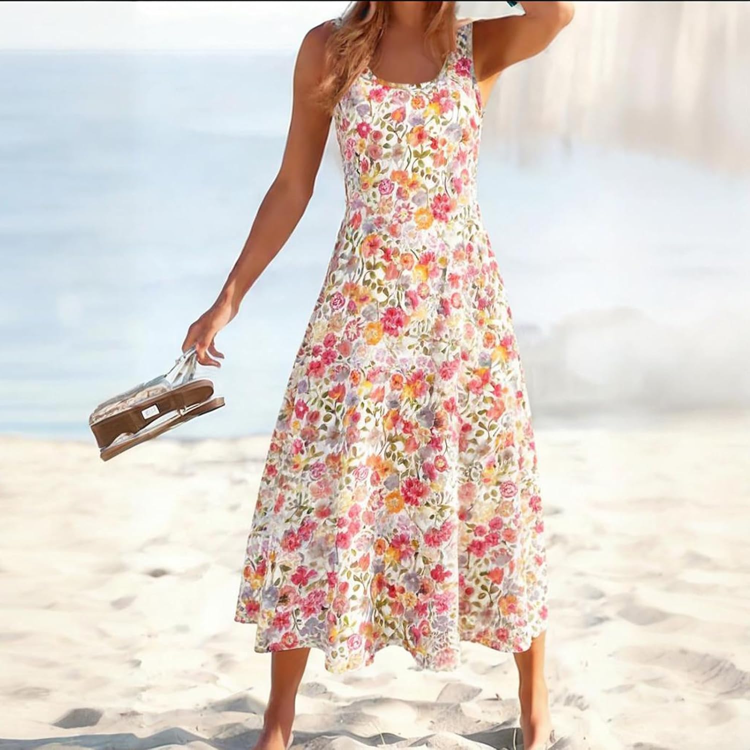 Women's Summer Boho Vacation Floral Print Sleeveless Tank Midi Dress Loose Flowy A Line Beach Sundress