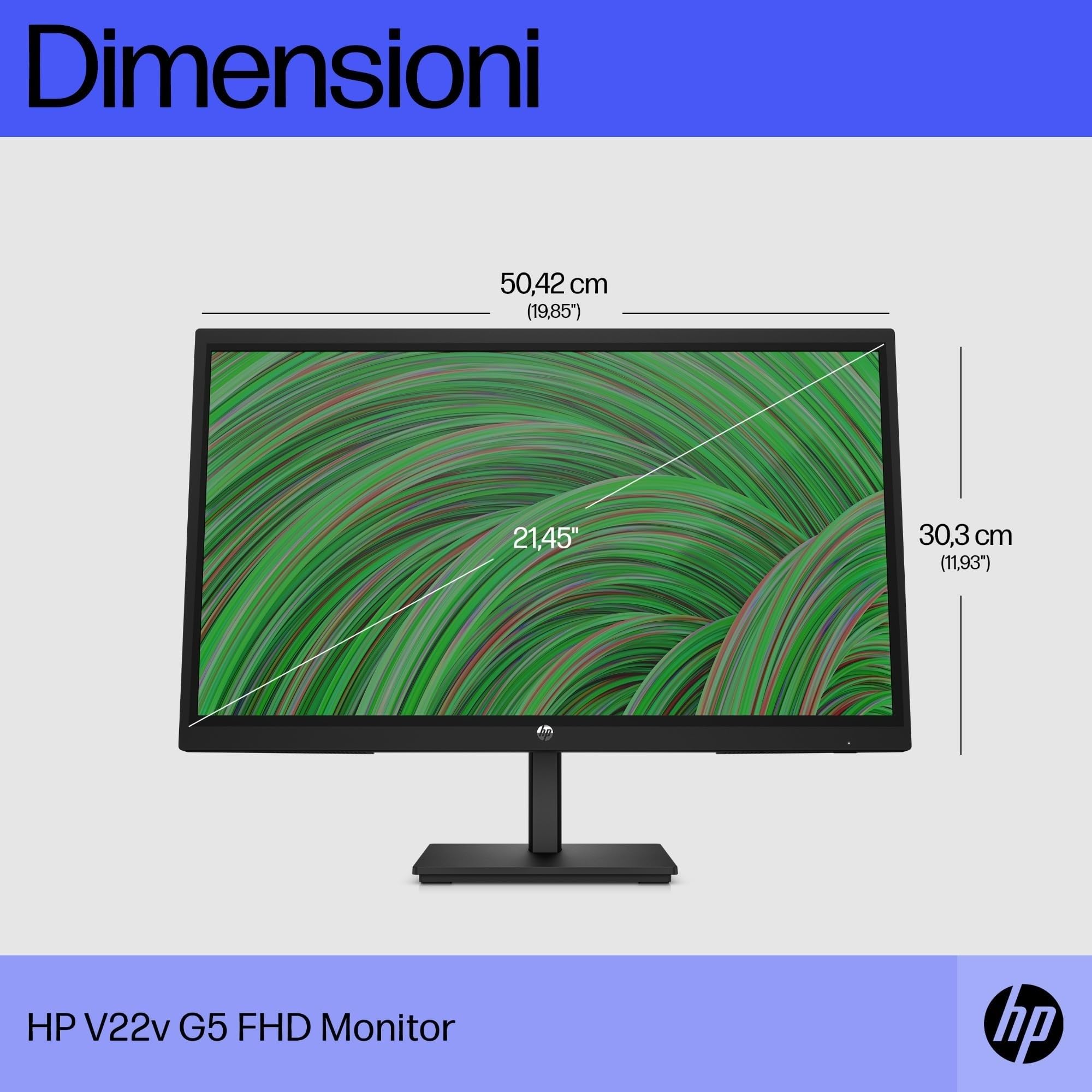 HP V22v G5 Monitor da 22", FHD, 16:9, Antiriflesso, Pannello VA da 75Hz, Tempo di Risposta 5 ms, Reclinabile, VESA 10x10 cm, AMD FreeSync, 200 Nits, Modalità Low Blue Light, VGA, HDMI 1.4, Nero