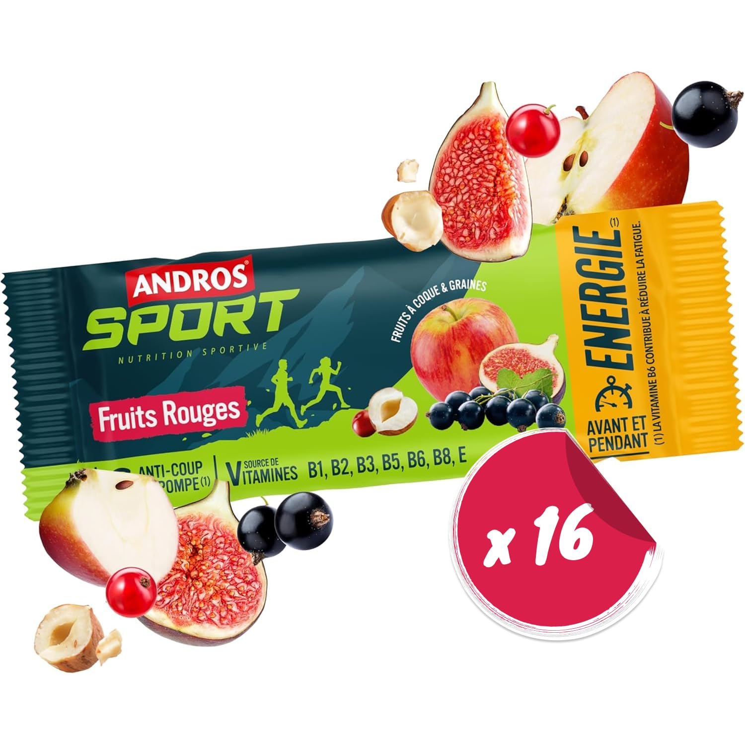 Andros Sport Barre Fruits Rouges - Source d'Energie Riche en Fruits - Avant et Pendant l'Effort - Encas Multivitaminé Sans Gluten - Lot de 16 barres individuelles de 40g