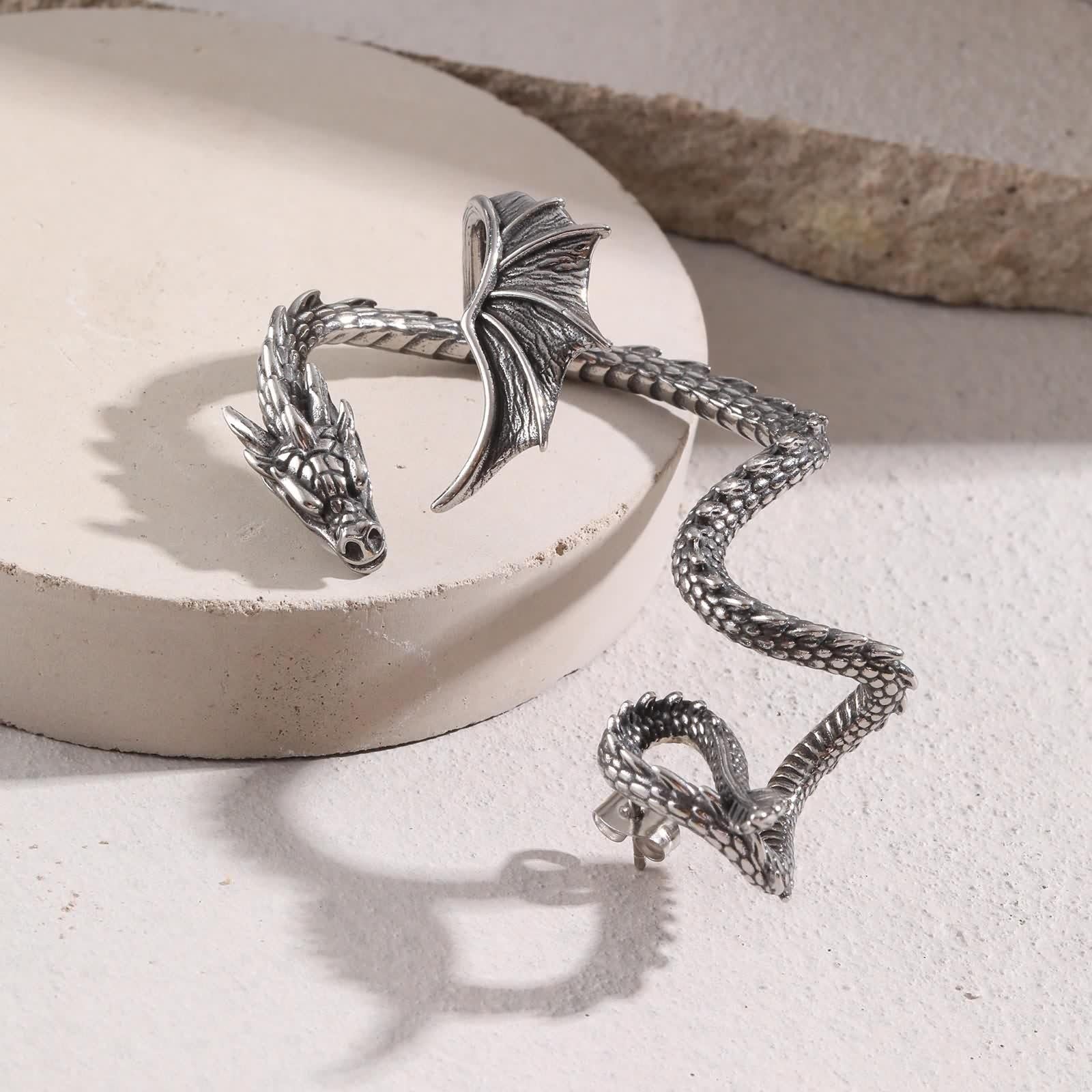 Edelstahl Ohrringe Herren, Drachen Ohrringe Silber Vintage Ohrstecker Männer Punk Ohrmanschette Gothic 1 Stück