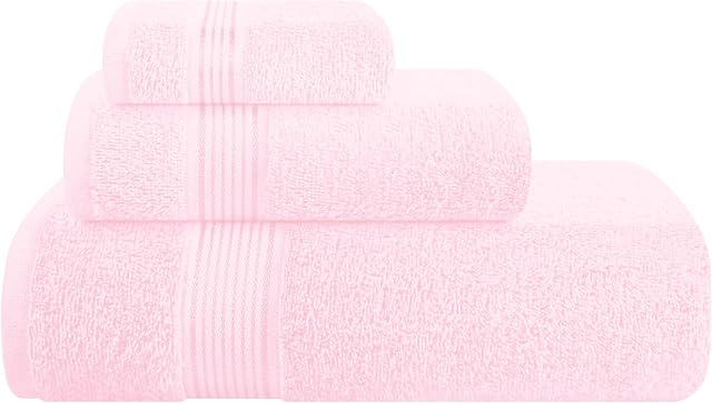 Belizzi Home Ultra Soft 3 Pack Cotton Towel Set, Contains a Bath Towel 28x55 inch, a Hand Towel 16x24 inch & a Wash Coth 12x12 inch, Ideal Everyday use, Compact & Lightweight - Pink