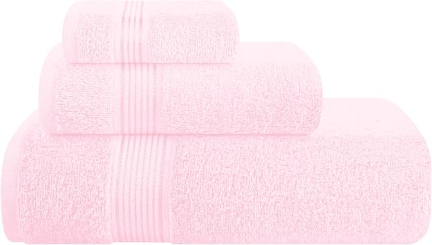 Belizzi Home Ultra Soft 3 Pack Cotton Towel Set, Contains a Bath Towel 28x55 inch, a Hand Towel 16x24 inch & a Wash Coth 12x12 inch, Ideal Everyday use, Compact & Lightweight - Pink