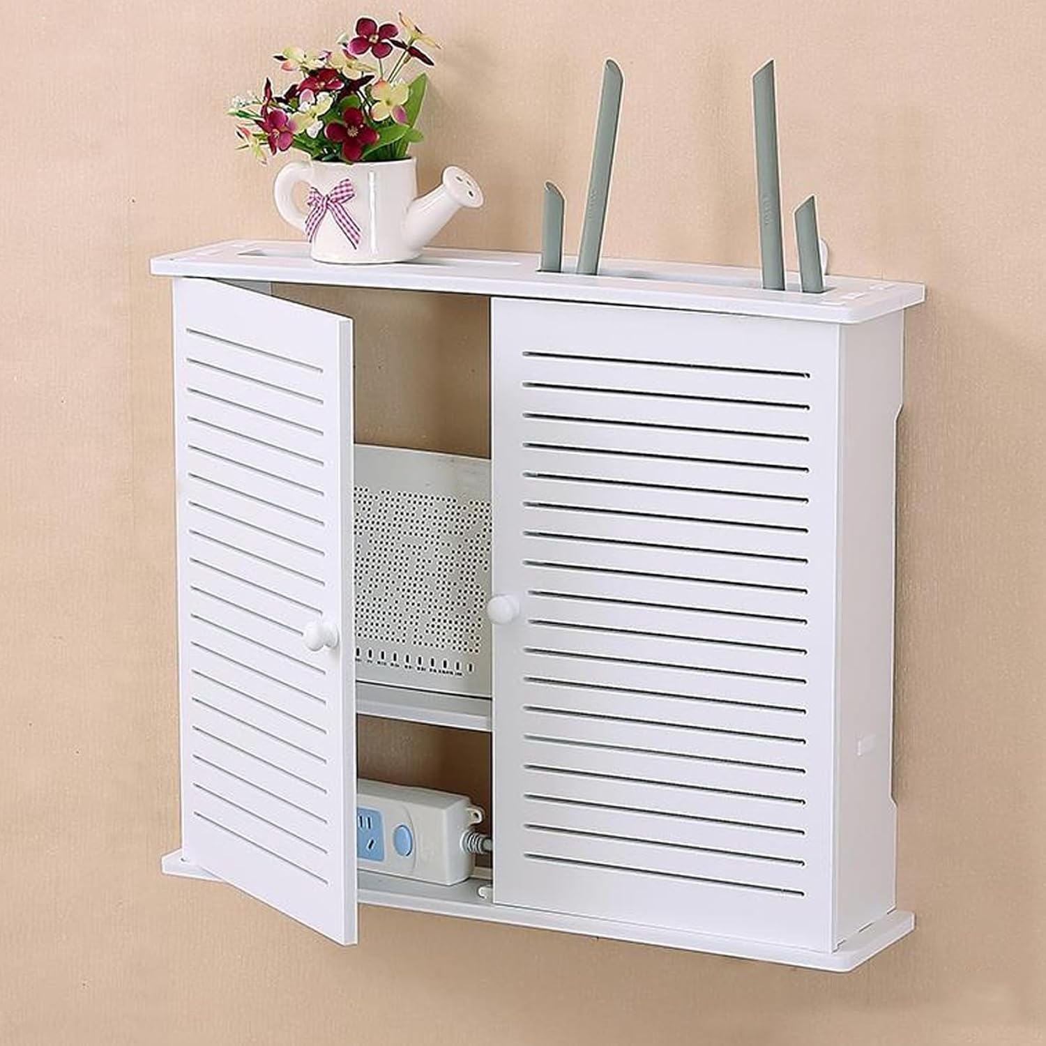 Router Shelf, 2 Tier Plastic Flip Cover WiFi Box Hider, No Punching Waterproof Router Storage Box for Home and Office