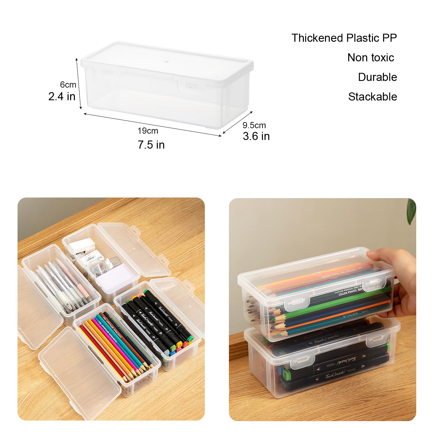 Vidifor Contenedores de almacenamiento de plástico con tapa para suministros de oficina, caja de lápices, suministros de arte, maquillaje, manualidades y cable de carga (2, XS-profundo)