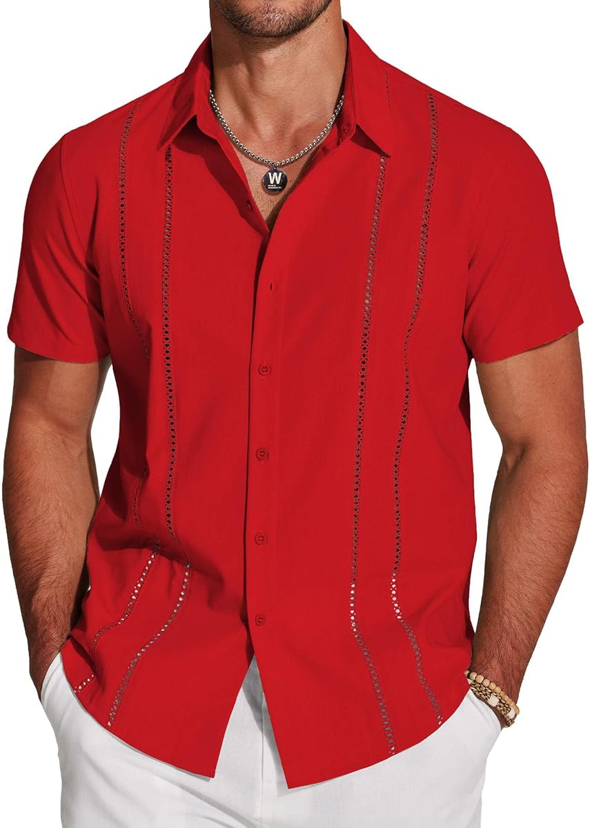 Men's Cuban Guayabera Shirt Short Sleeve Button Down Shirts Casual Summer Beach Linen Shirts