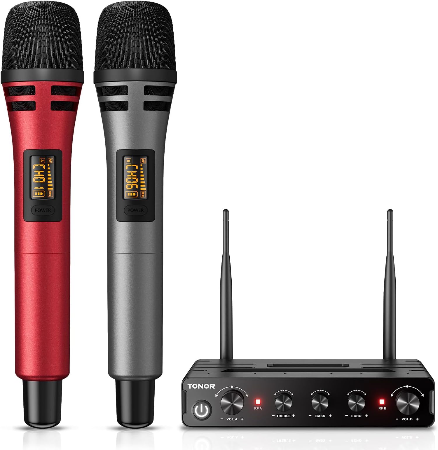 TONOR TW350 Wireless Microphones for Singing,UHF Handheld Dynamic Karaoke Mics& Receiver for Devices with XLR&6.35mm Audio Interfaz, 60 m for Karaoke, Wedding, DJ, Party, Church, TW350 Red&Grey