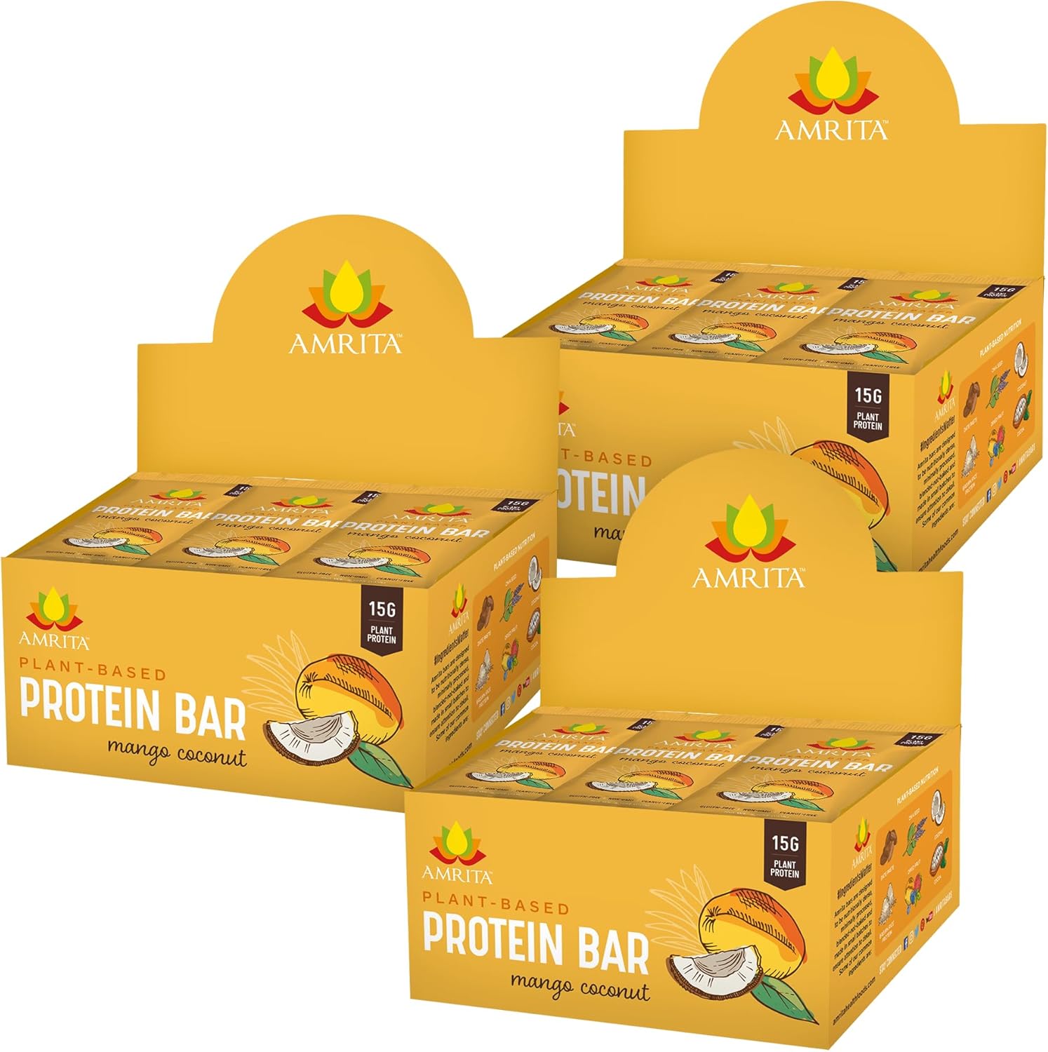 Amrita Nut Free Mango Coconut Vegan Protein Bars (12 Count PK of 3) | 11g Plant-Based Protein Bar | Peanut Free, Gluten Free, and Dairy Free | Low Sugar, High Fiber, Healthy School-Safe Snacks