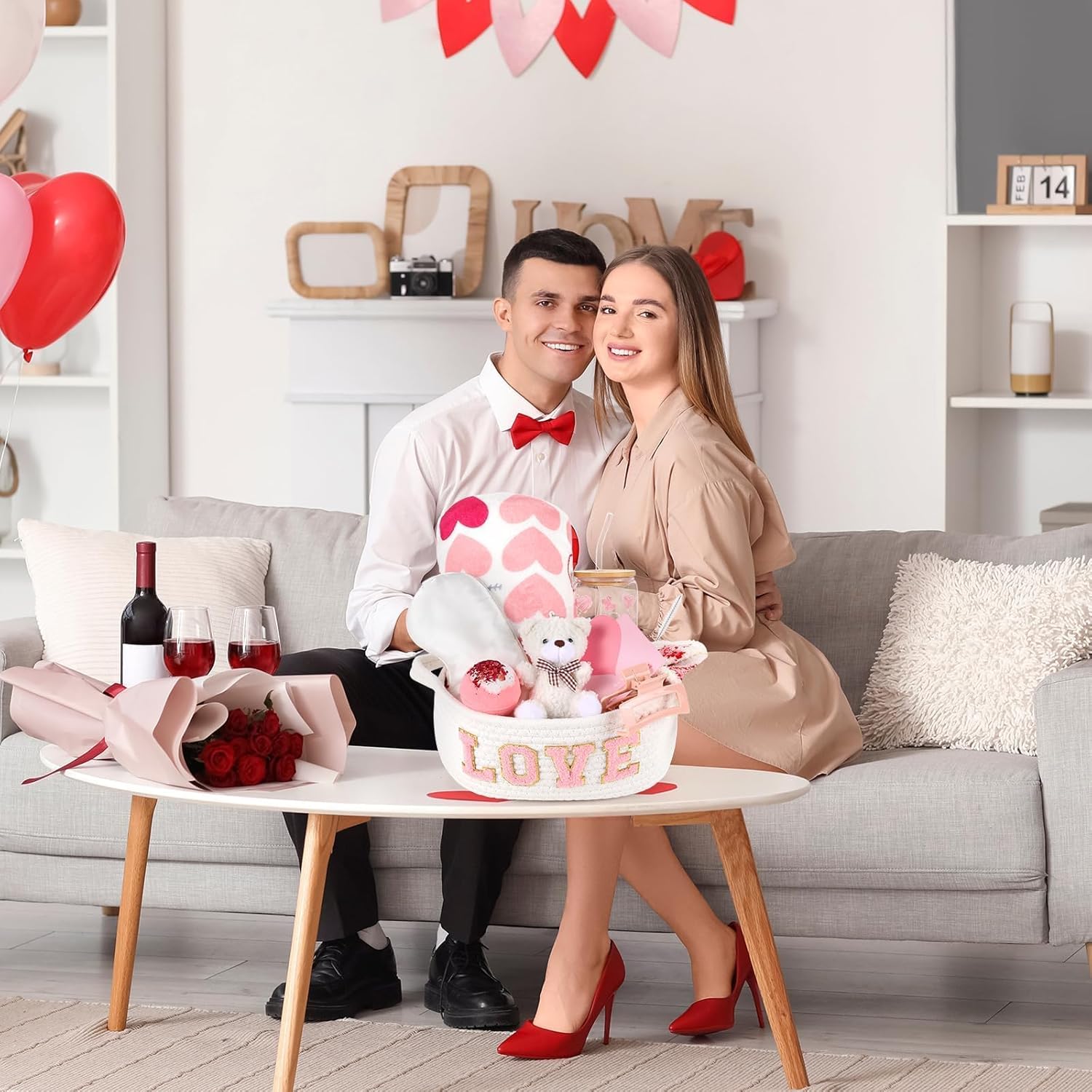 12 Pcs Valentine's Day Woven Basket Gift Set Romantic Spa Relaxation Basket Set for Her Self Care Package with Heart Blanket Socks Bath Salt Ball Glass Cup Bear for Women Girlfriend Wife Mom (White)