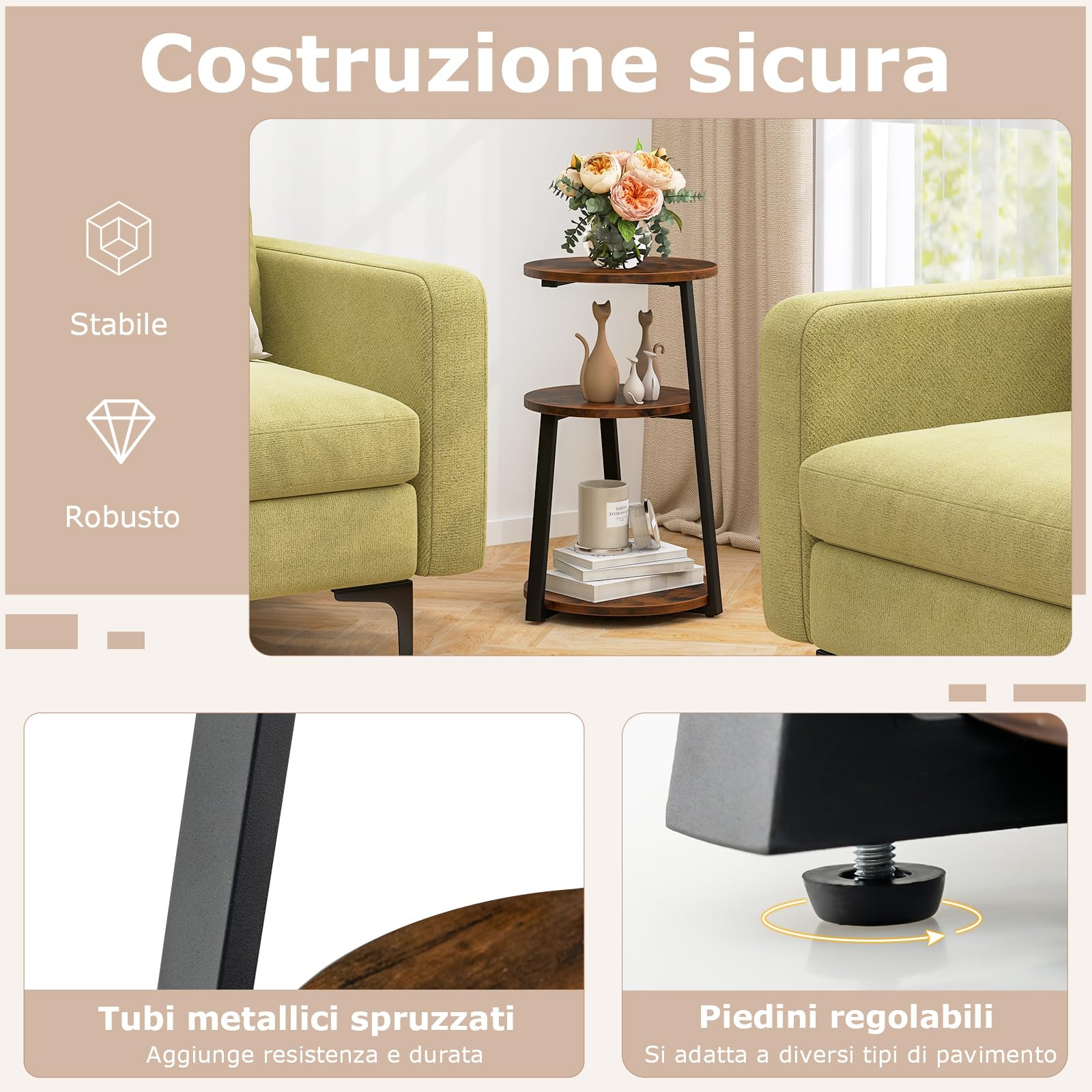 COSTWAY Tavolino Rotondo Industriale a 3 Livelli, Struttura Metallica e Piedini Regolabili, per Piccoli Spazi, Soggiorno e Camera da Letto (2)