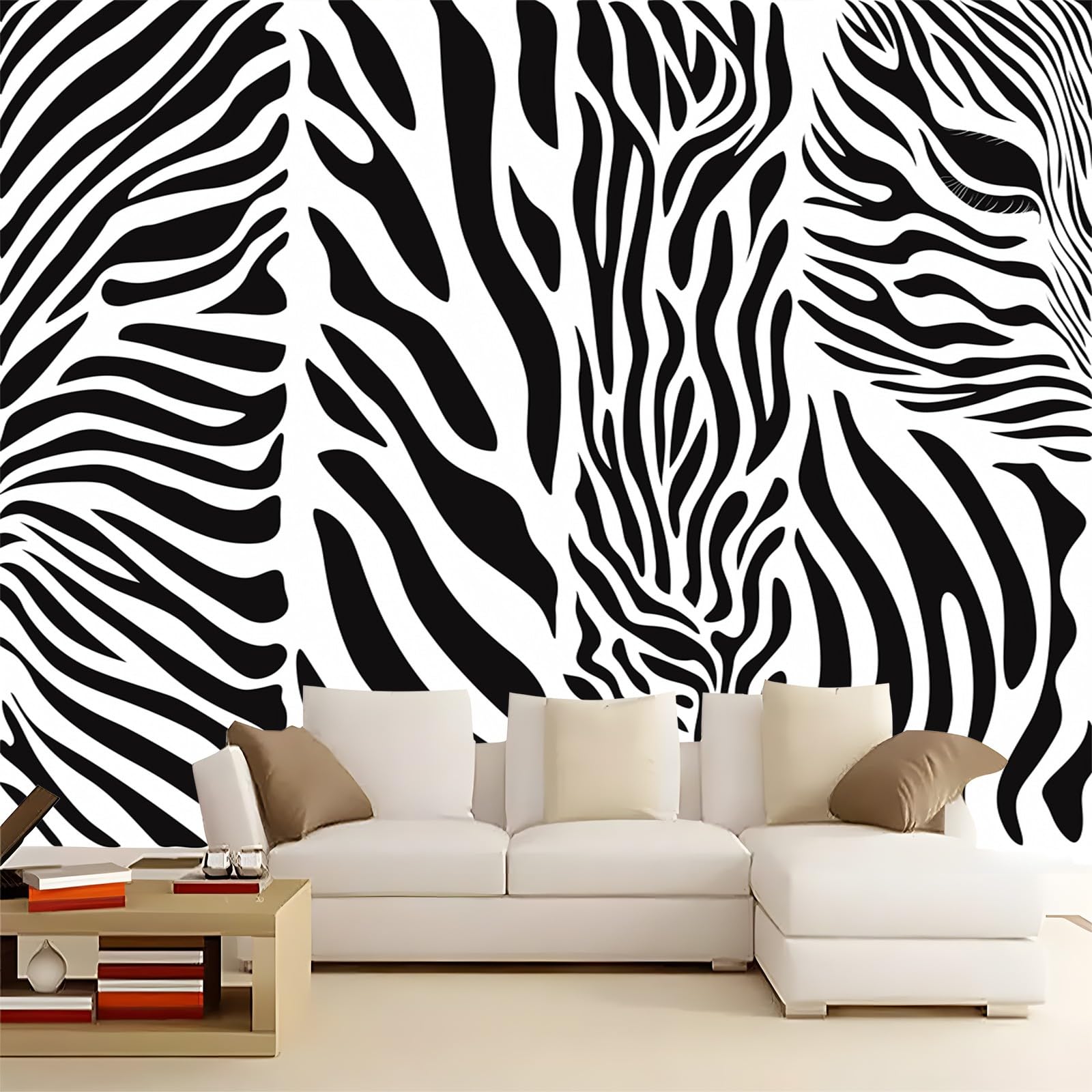 Tapety, paski zebry, 350 x 256 cm, flizelina, fototapeta, z możliwością dostosowania rozmiaru, nowoczesna tapeta do salonu, sypialni, korytarza, dekoracyjna, łatwa w instalacji, biało-czarna