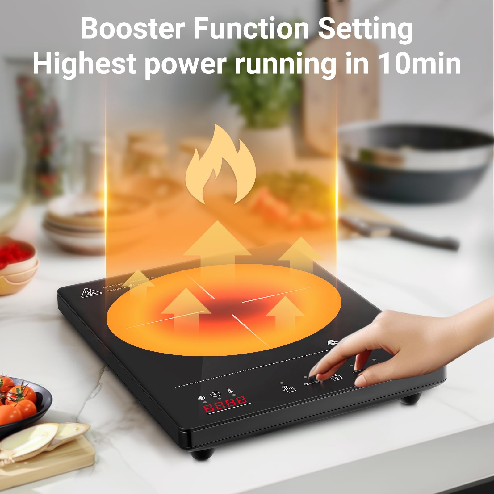 Aobosi Induktionskochfeld 2000W 1 Platte mit Booster-Funktion, 20 Leistungsstufen, 10H-Timer, Schwarz