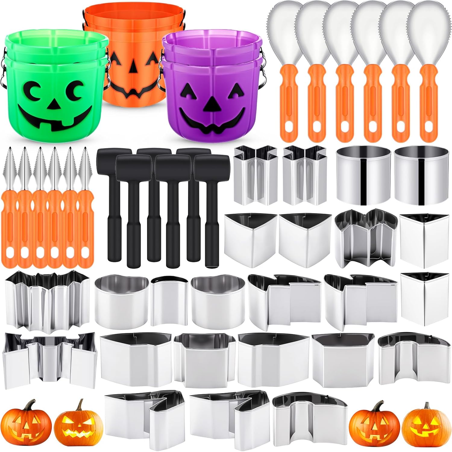 48 Pcs Halloween Pumpkin Carving Kit Pumpkin Carving Tools 24 Pcs Stainless Steel Pumpkins Carve Stencils, 6 Gut Buckets, Easy Safe 18 Carve Tools Set for Halloween Decorations