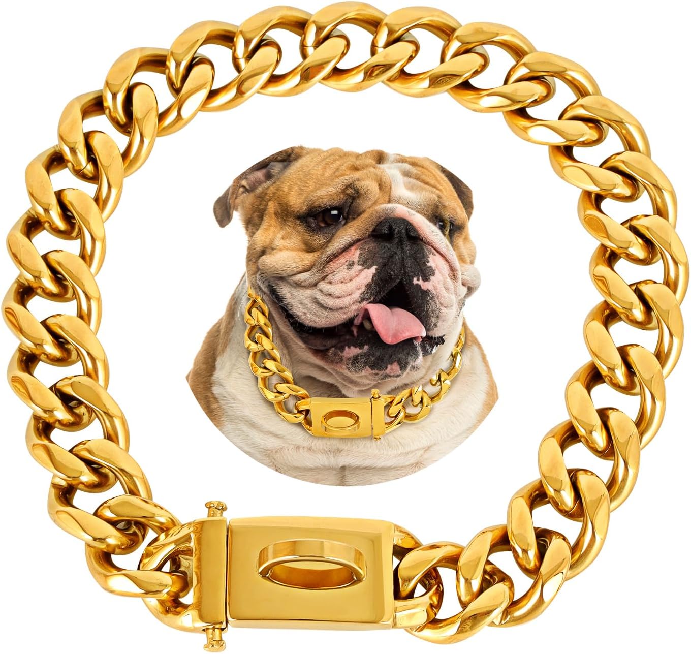 BAOBOTE 20MM Gold Dog Chain,Cuban Link Dog Collar with Design Secure Buckle,Cuban Link Strong Heavy Duty Chew Proof for Medium Dogs(16" Gold)