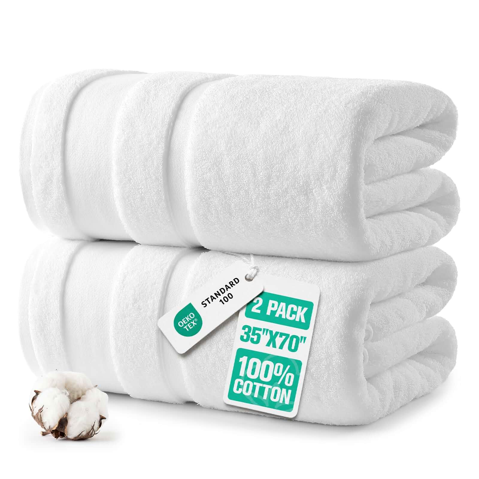REDKISS 2 Pack Extra Large Bath Towels, 100% Cotton, 35 X 70 in, White Oversized Luxurious Cotton Towels - Super Soft, Highly Absorbent, Quick-Drying, Ideal for Daily Use