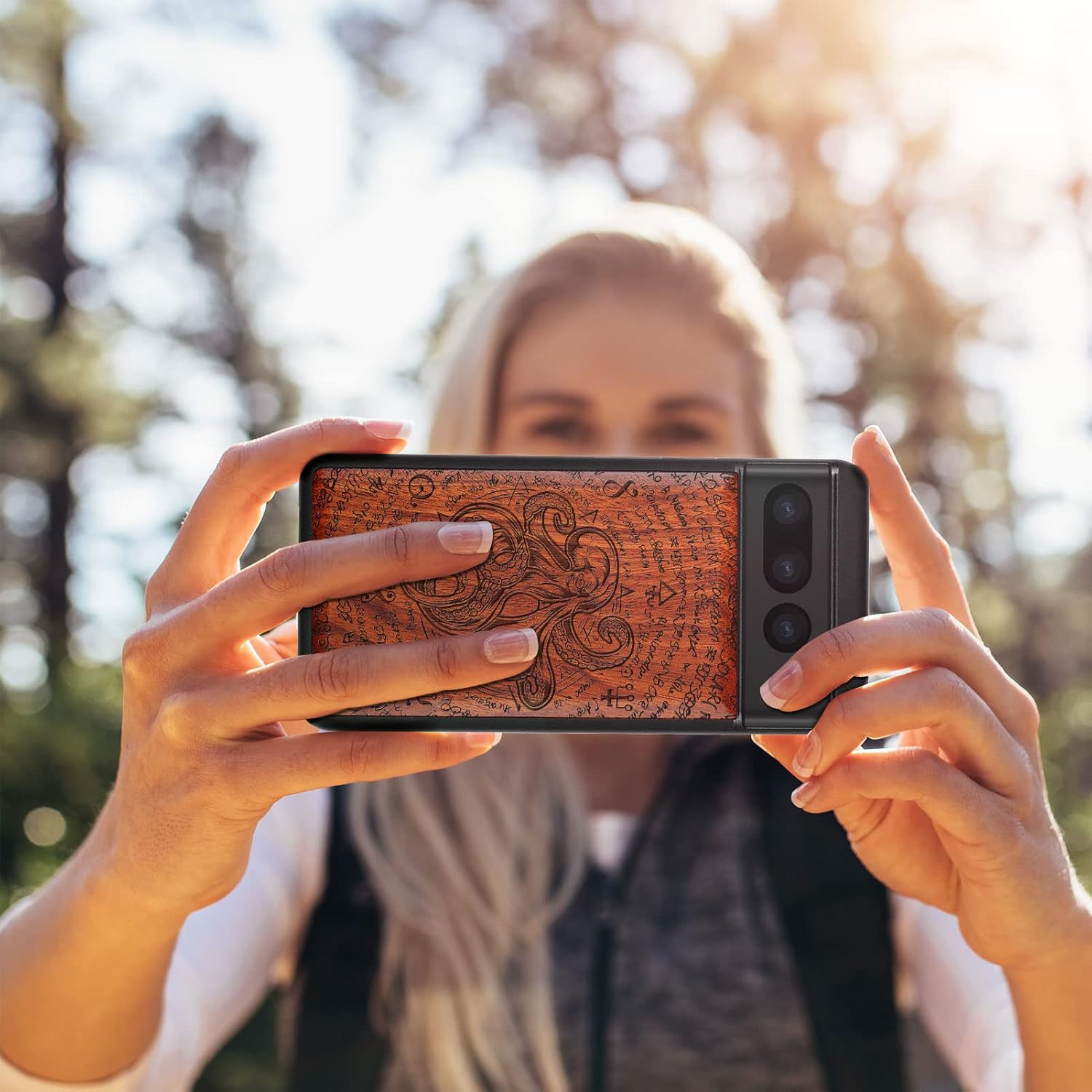 Carveit Wood Case for Pixel 7 Pro Case [Natural Wood & Black Soft TPU] Shockproof Protective Unique & Classy Wooden Cover Compatible with Google Pixel 7 Pro (Octopus-Rosy)