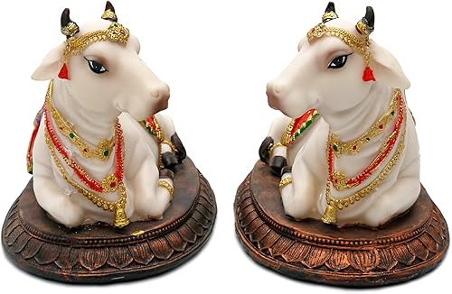 Miniatura 8 de Estatuas hindúes de ídolo de Dios Nandi, 6.6 pulgadas de largo, 2 piezas de figuras de vaca Nandi, artículo de Murti, para la oficina en casa,