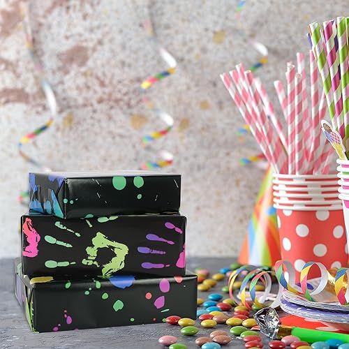 Miniatura 6 de AnyDesign 12 hojas de papel de regalo colorido, 4 diseños de papel de embalaje de arte de neón negro, papel de embalaje plegable plano de bricolaje