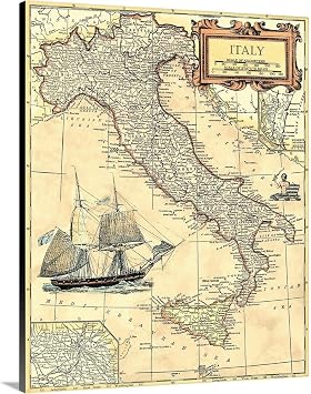 CANVAS ON DEMAND Italy Map Canvas Wall Art Print by Vision Studio, Home Decor, Nautical Artwork,16" x20in