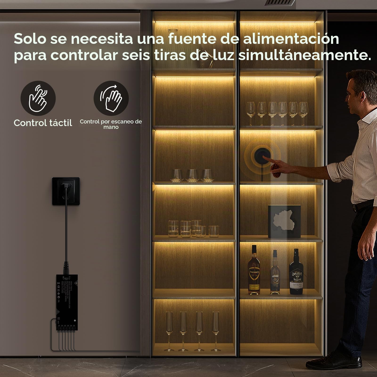 Tira LED COB,6 rodillos de iluminación para muebles con regulador táctil y detección de barrido de mano,tira LED COB cortable de 12V para vitrinas,bodegas,cocinas y estantes (2M,Blanco Cálido)