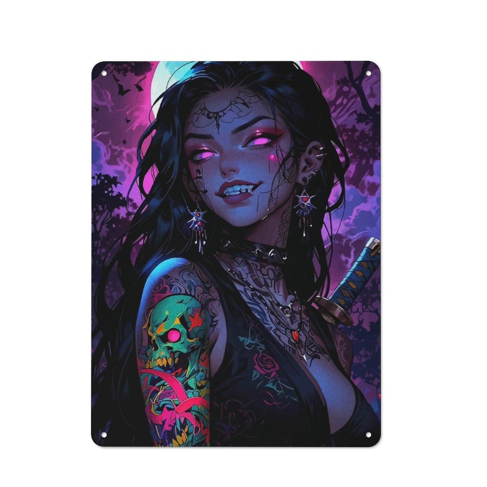 Junmoney Girls Style-10 Garden Style Tattooed Vampire With Katana Tin Sign 40X30cm, Porch Wall Decor For Patio Bar, Workshop, Shed Or Kitchen