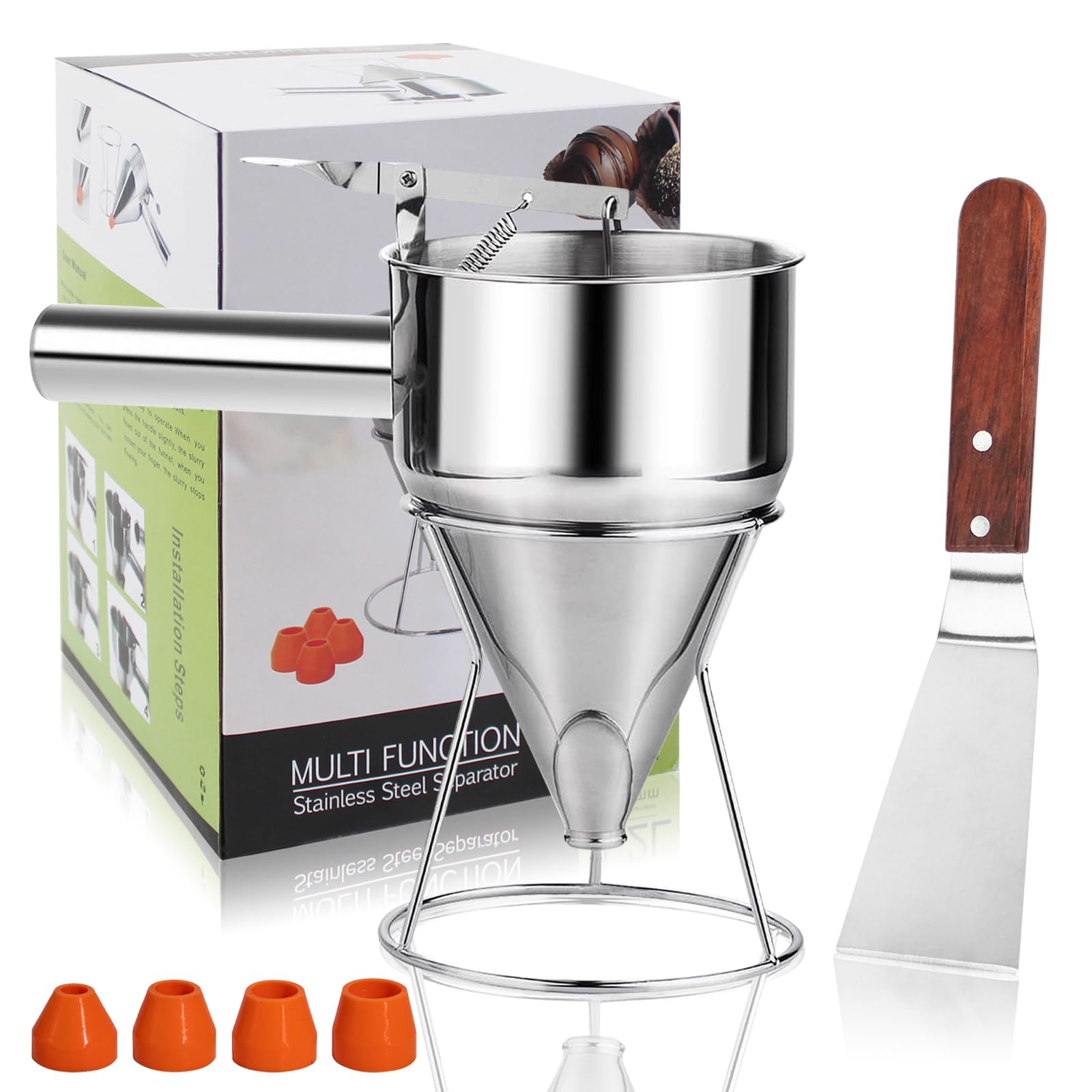 40oz Pancake Batter Dispenser Stainless Steel with Metal Spatula, Stand, Squeeze Handle and Versatile Silicone Funnel, Baking Tool for for Pancake, Cake, Cupcake, Waffles and Muffins Making