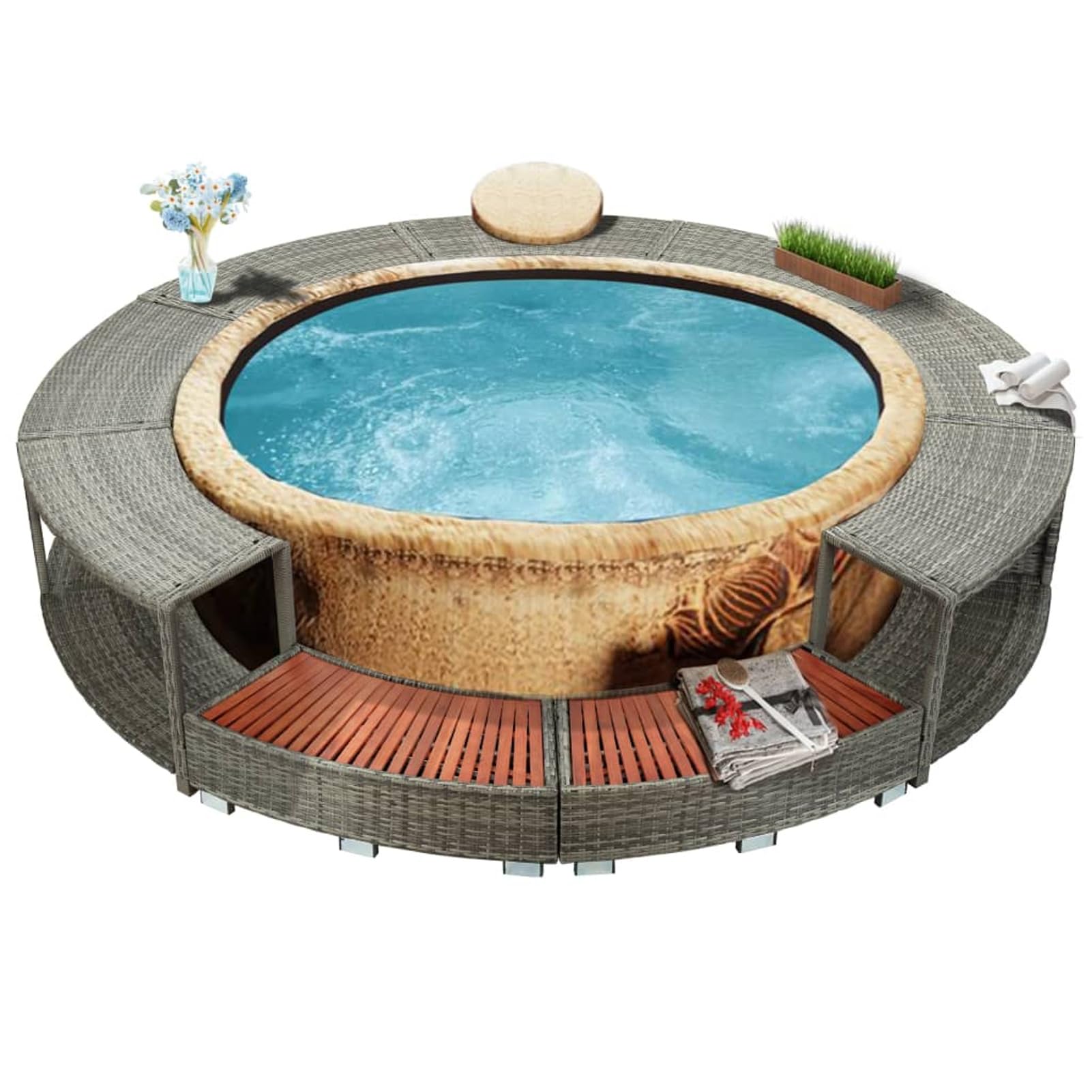Cadre de Bain à remous Garden Rattan Spa Outdoor,Cadre de Spa,Contour de Spa en polyrotin -Gris-Type 2