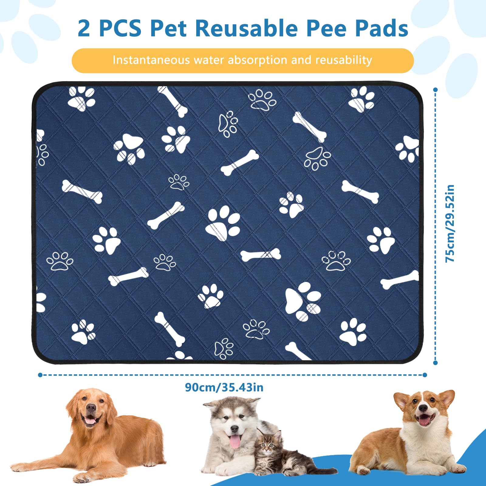 Tappetini Igienici Riutilizzabili per Cani 90x75cm, 2 Pezzi Tappetini Lavabile Assorbenti per Cani Gatti, Tappetino Antiscivolo Educatore Tappetini per Animali, Cuccioli, Gattini, Porcellini