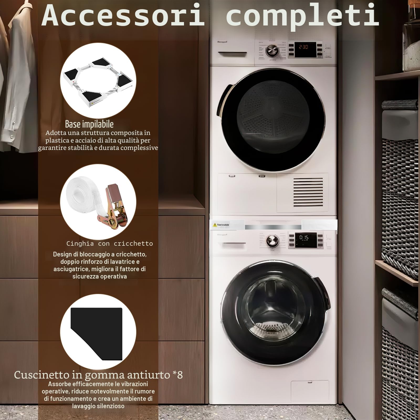 Zikenis Kit di Sovrapposizione Universale per Lavatrice e Asciugatrice con Cinghie a Cricchetto, Regolabile 45-70cm Kit di Accatastamento per Lavatrici, Telaio Intermedio per Lavatrice e Asciugatrice