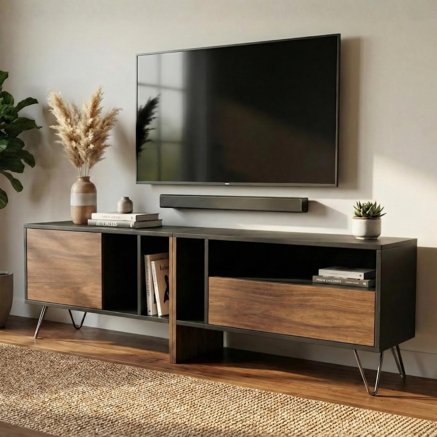 FFO 180 CM Modern TV Unit for Living Room | Wooden TV Stand with Storage Shelves & Cabinets | Entertainment Unit for Smart TV up to 65 Inch | Wall TV Cabinet | Rustic Brown & Black | DIY Assembly
